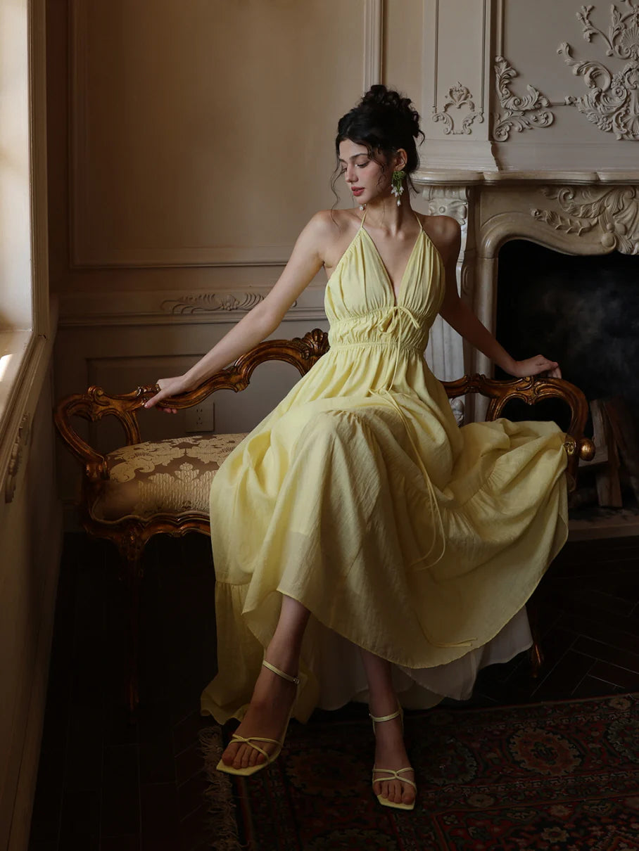 Lemon Bloom Backless Maxi Dress