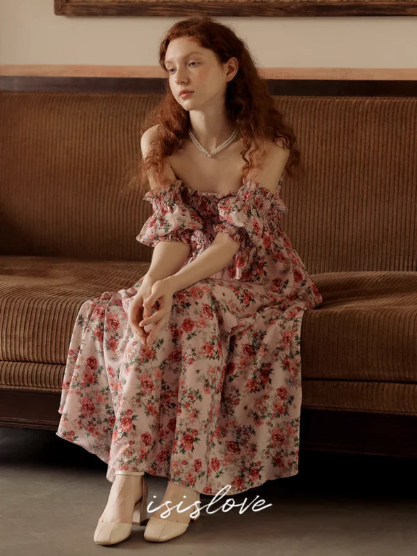 Vintage Pink Flower Off-Shoulder Dress