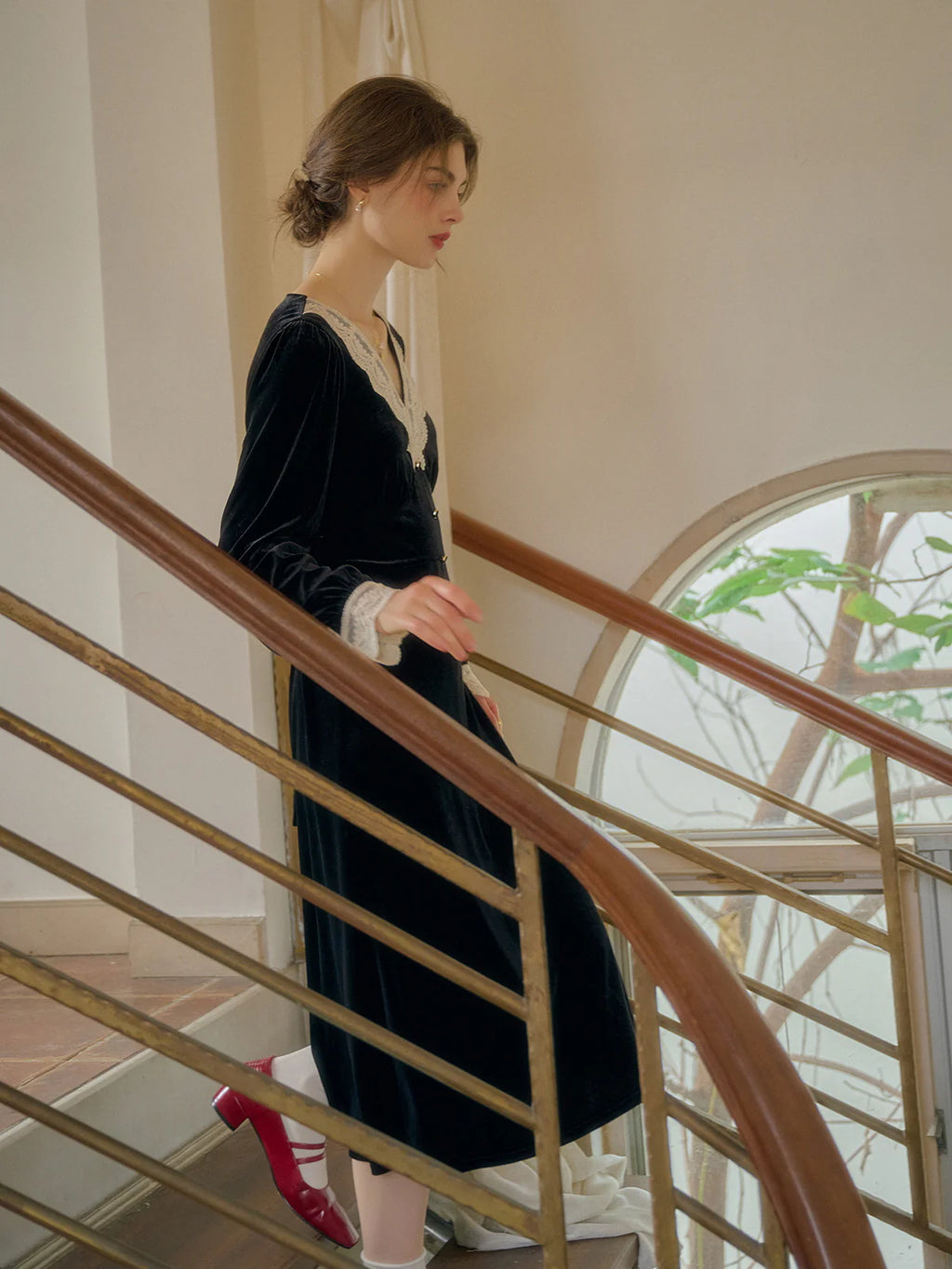 Lace Trim Vintage Velvet Elegance Dress