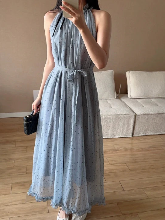 Blue Polka Dot Halter Maxi Dress
