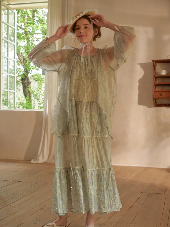 Pastel Green Floral Two-Piece Set – Sheer Cardigan & Tiered Dress