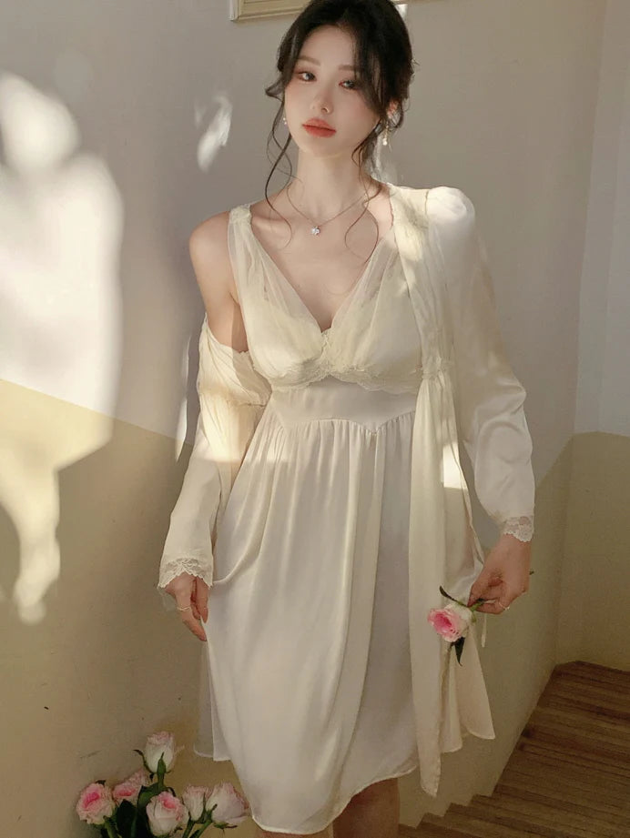 Ethereal Lace Cream Nightdress Set