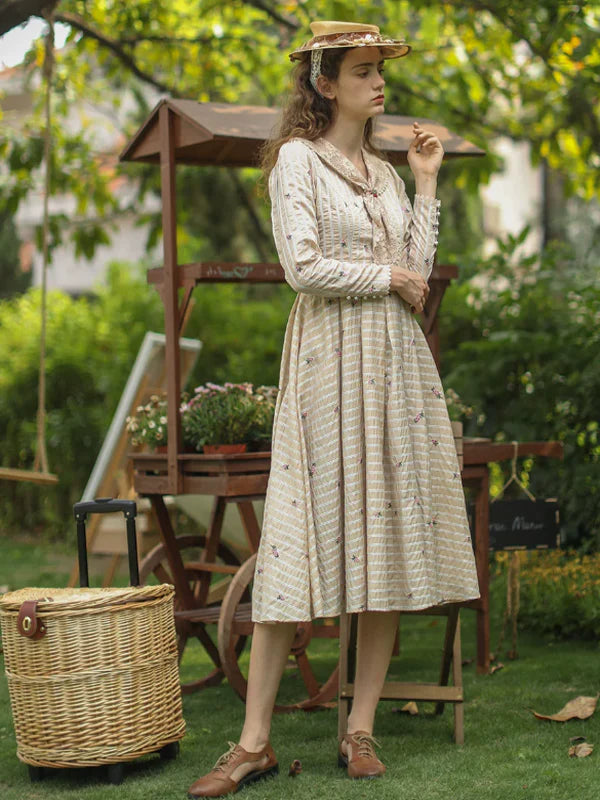 Beige Harmony of Lace Check Dress