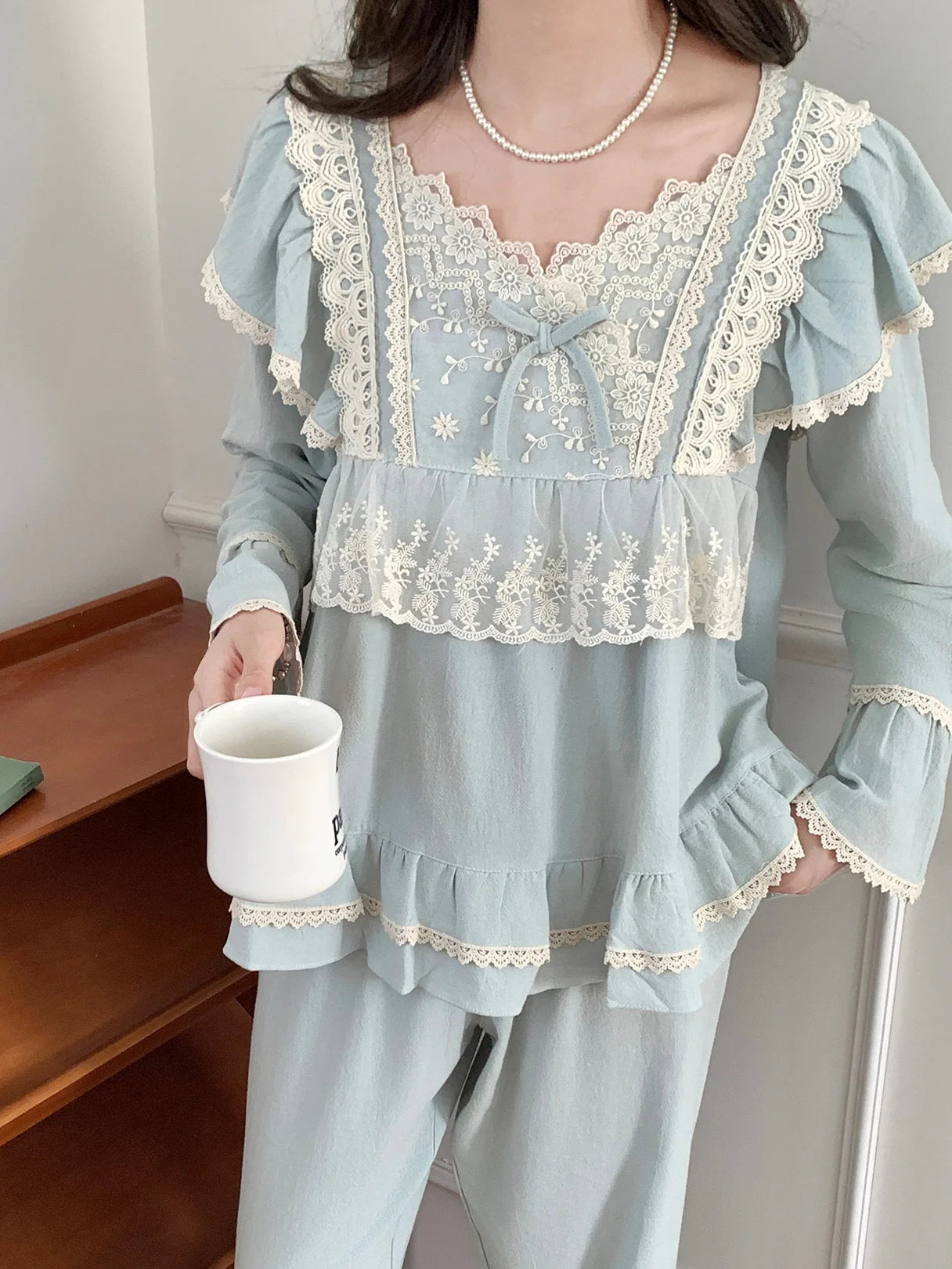 Vintage Lace-Trimmed Cozy Loungewear