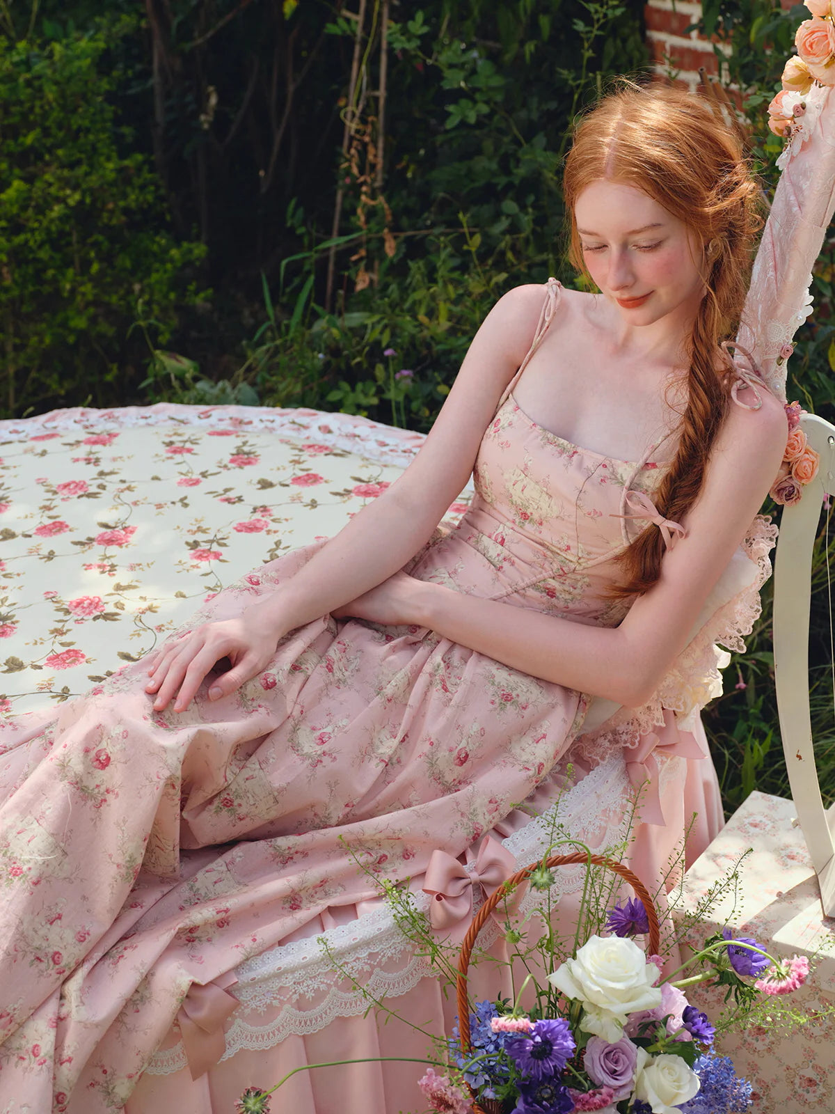 Pastoral Pink Vintage Floral Lace-Up Dress