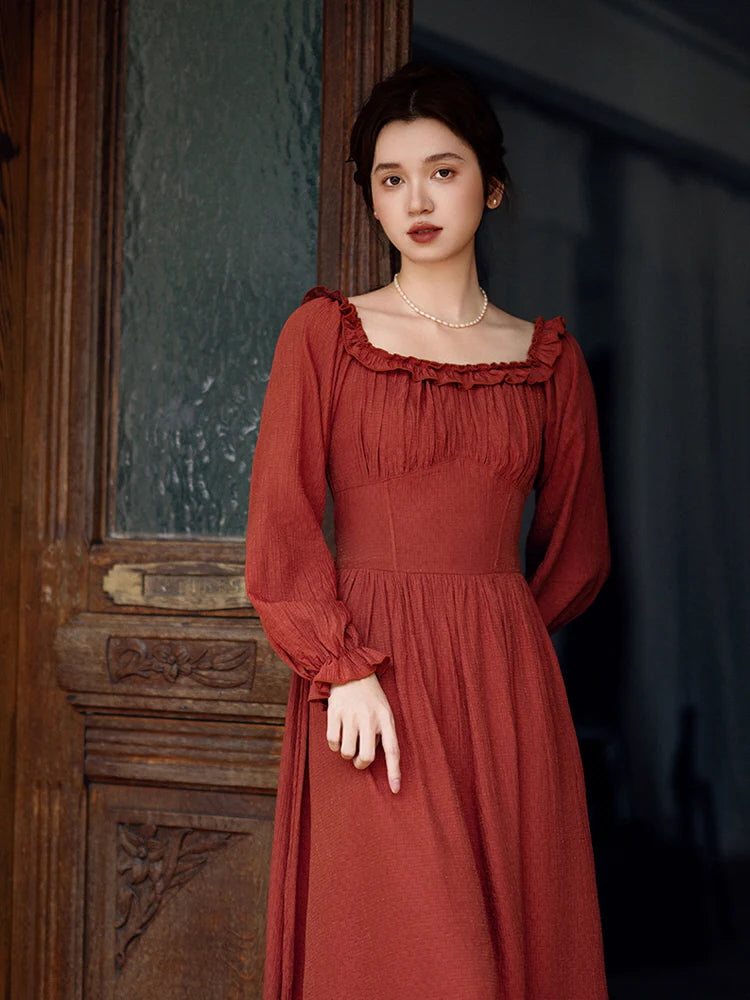 Retro Ruffled Square Neck Dress