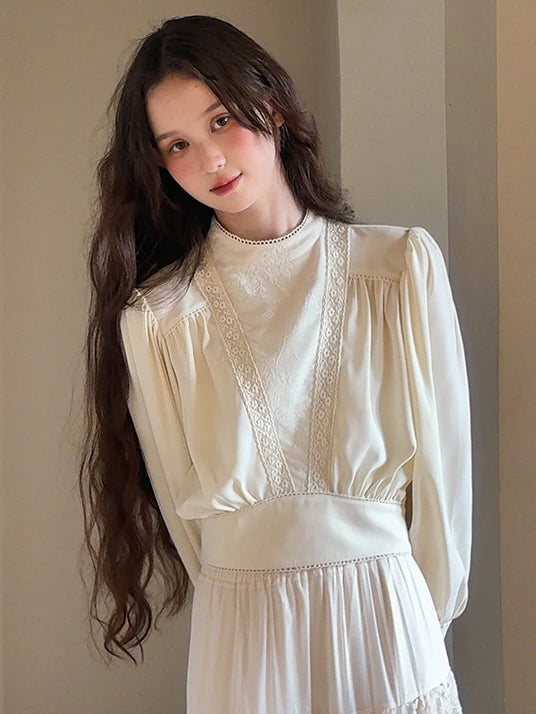 Vintage Elegance Lace Trim Blouse