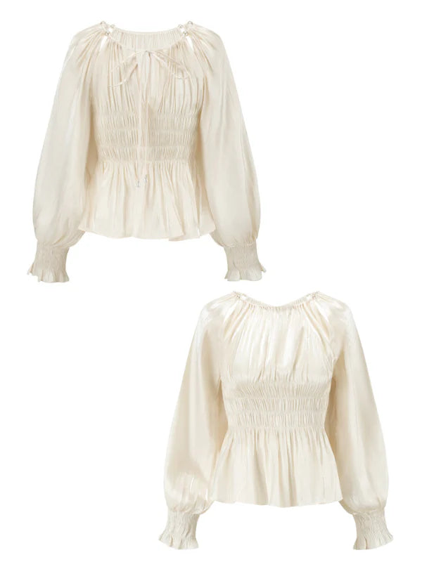 Pearl Ribbon Shirred Ivory Blouse