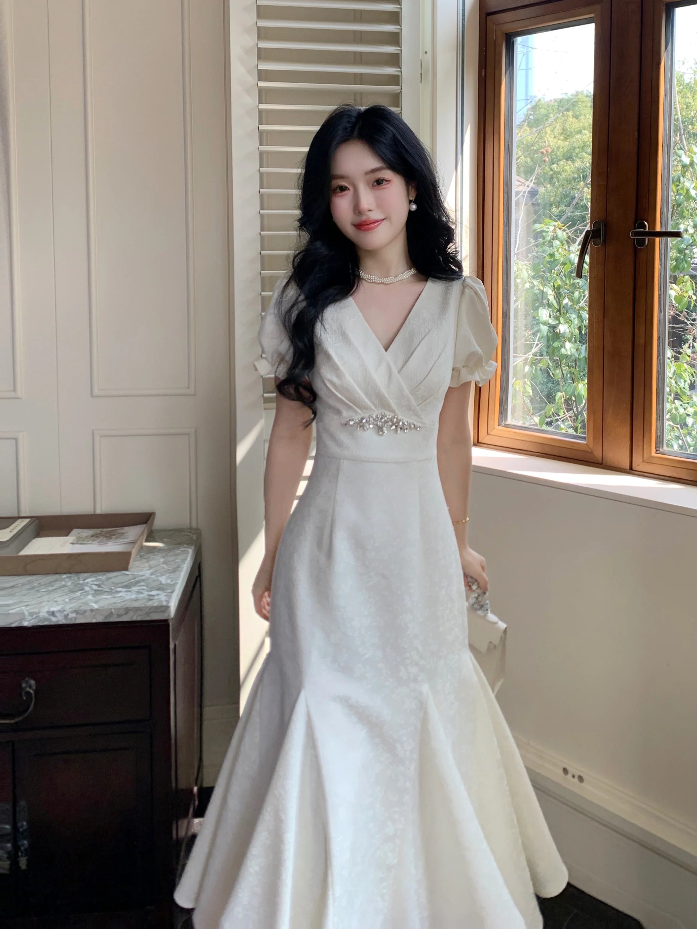 Cubic-Embellished Jacquard Princess Dress