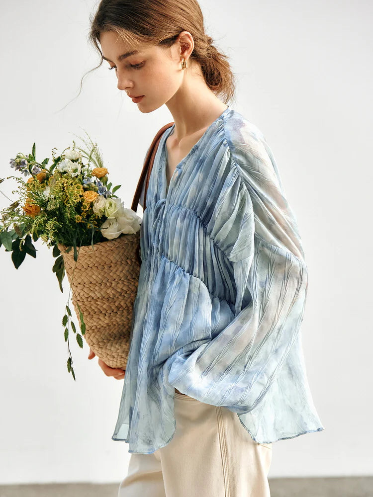 Cloudy Sky Sheer Pleated Blouse