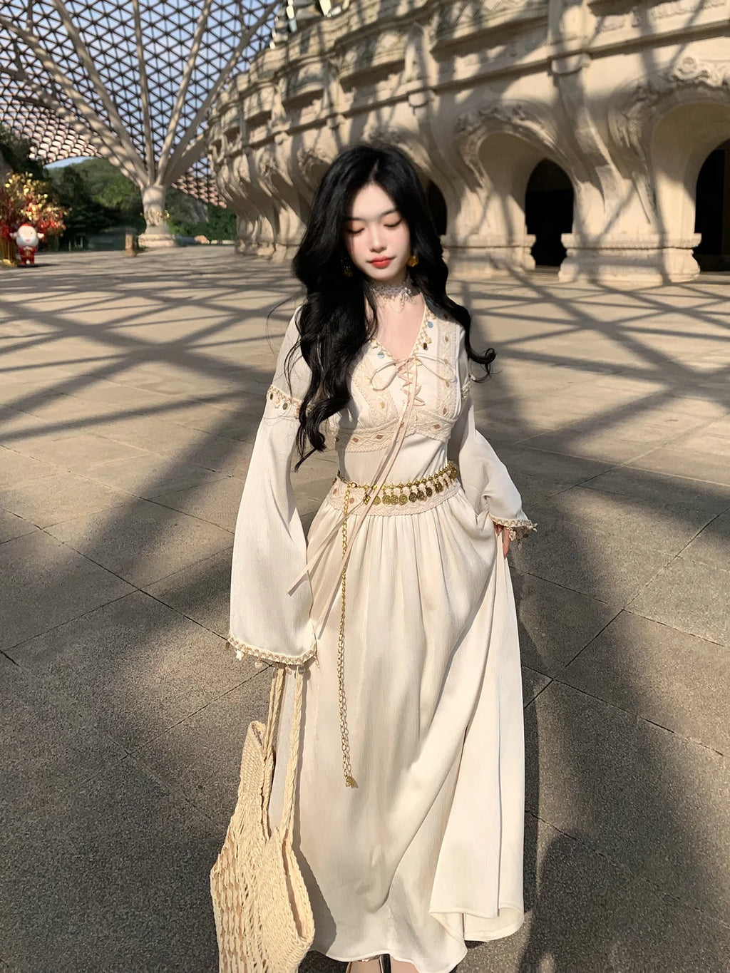 Golden Ethereal Lace-Up Flare Sleeve Chiffon Dress