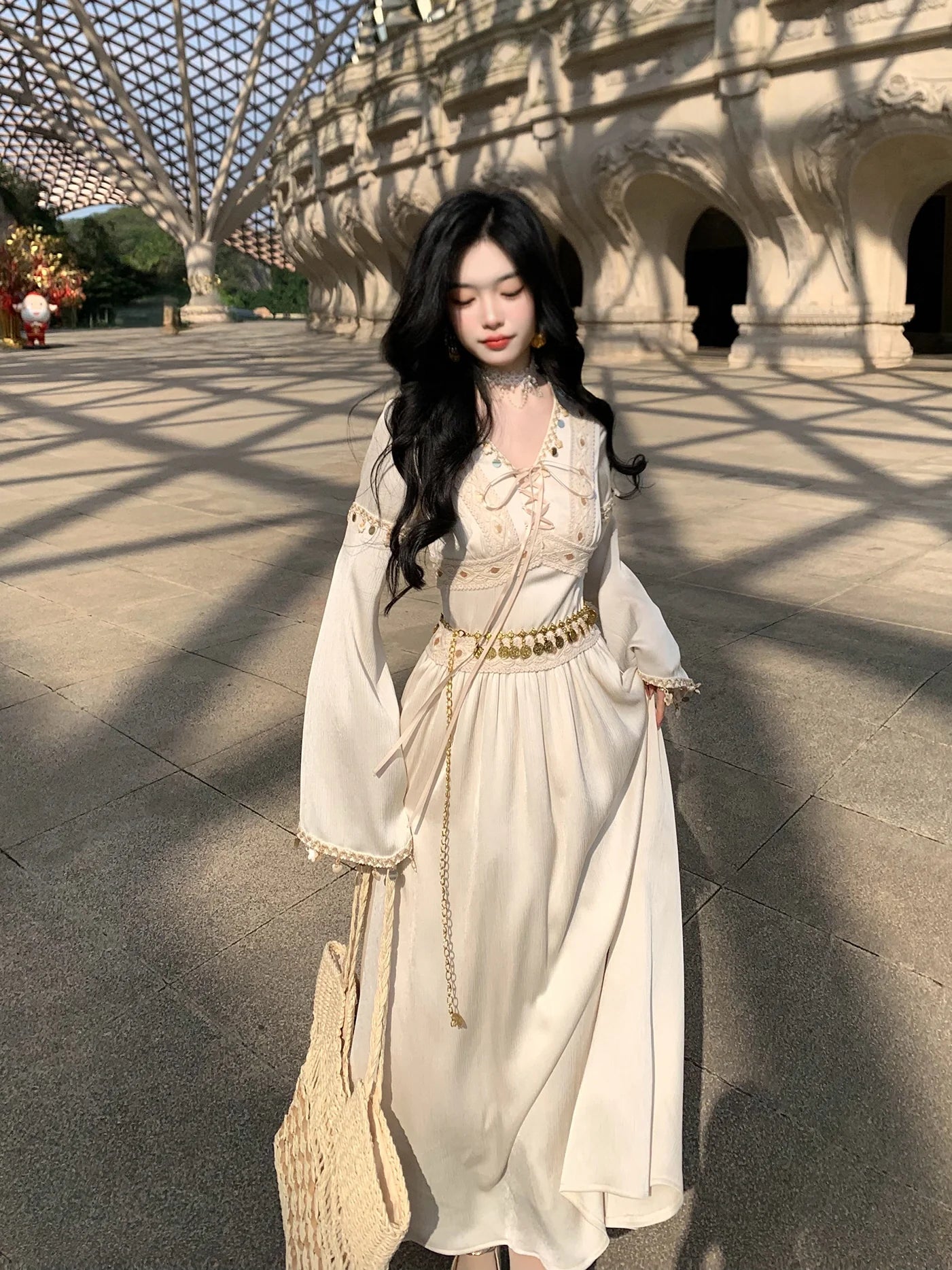 Golden Ethereal Lace-Up Flare Sleeve Chiffon Dress