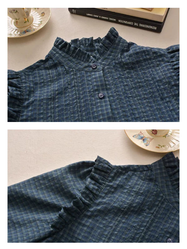 Vintage-Inspired Ruffled Plaid Blouse