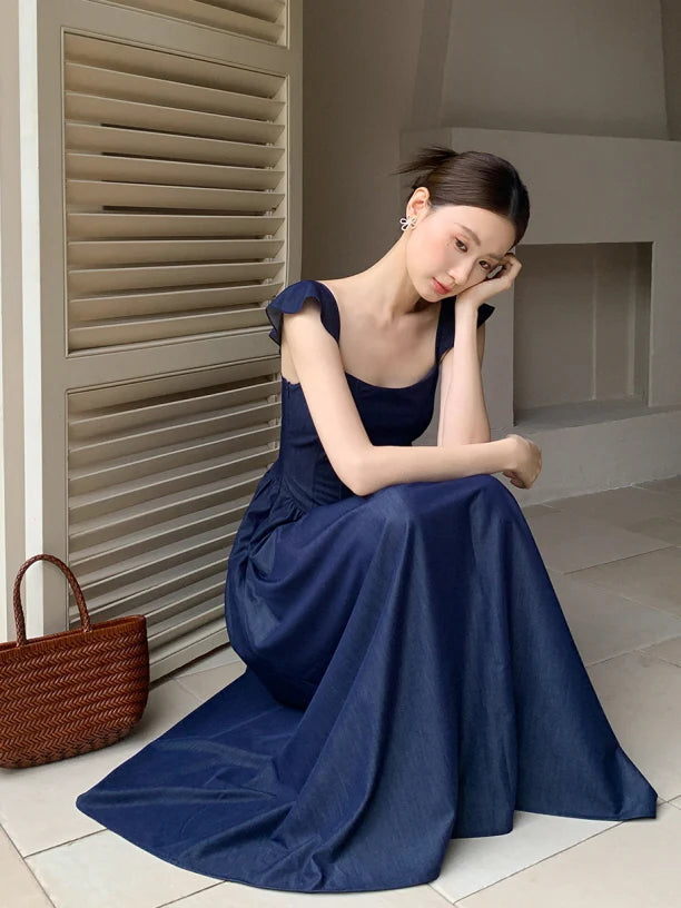 Navy Lace-Up Bodice Dress