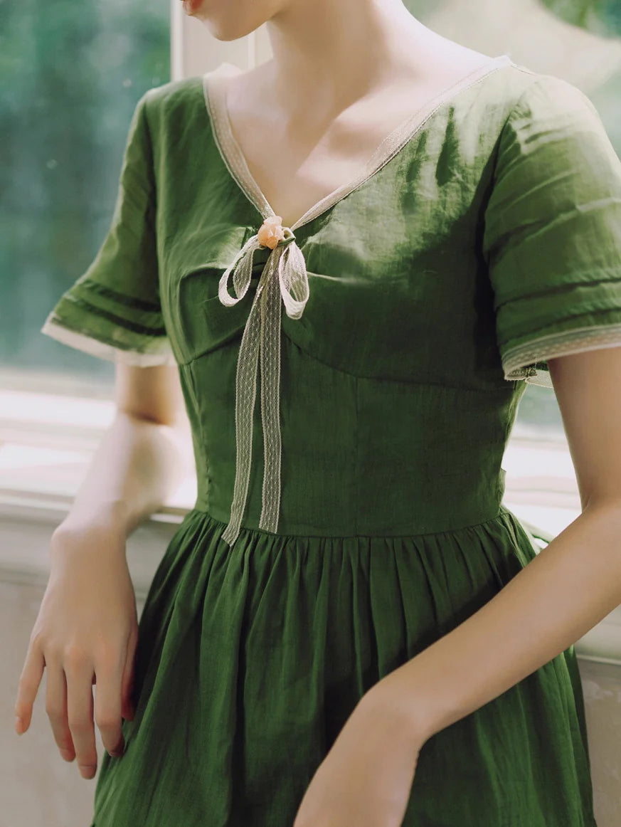Woodland Green Bow‑Tie Dress