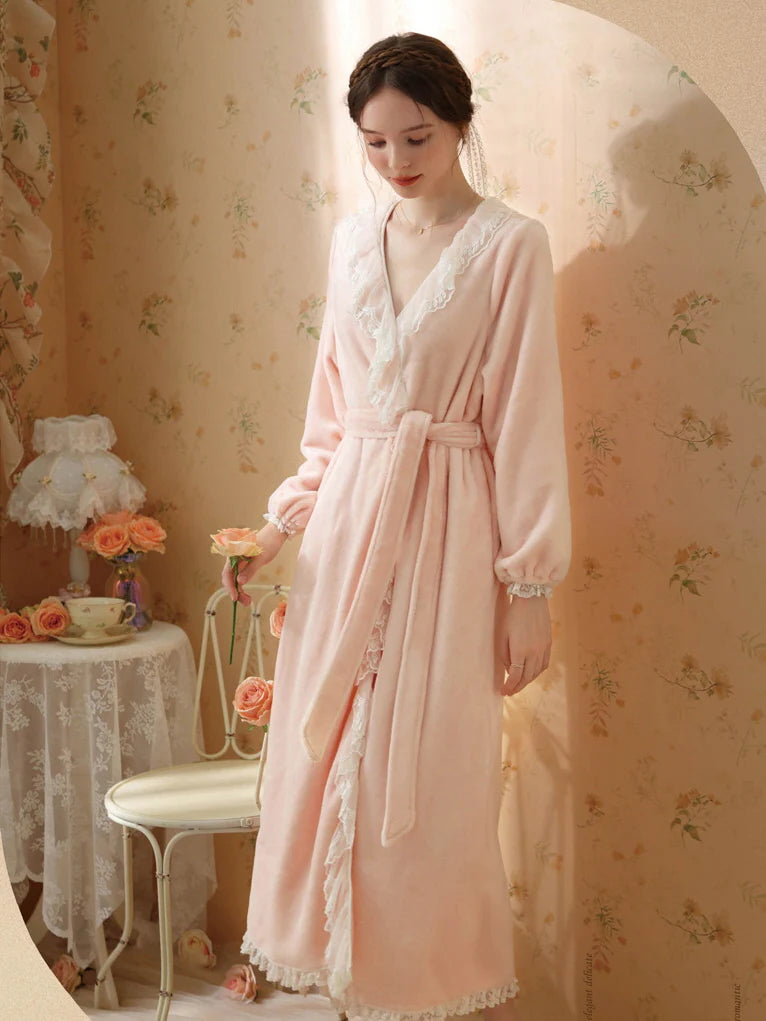Velvet Lace-Trim Wrap Robe