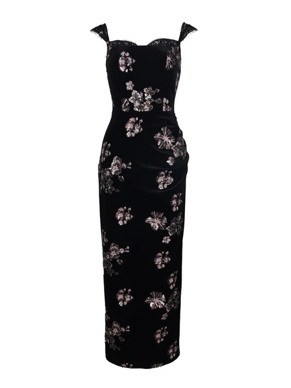 Black Velvet Sequin Floral Dress