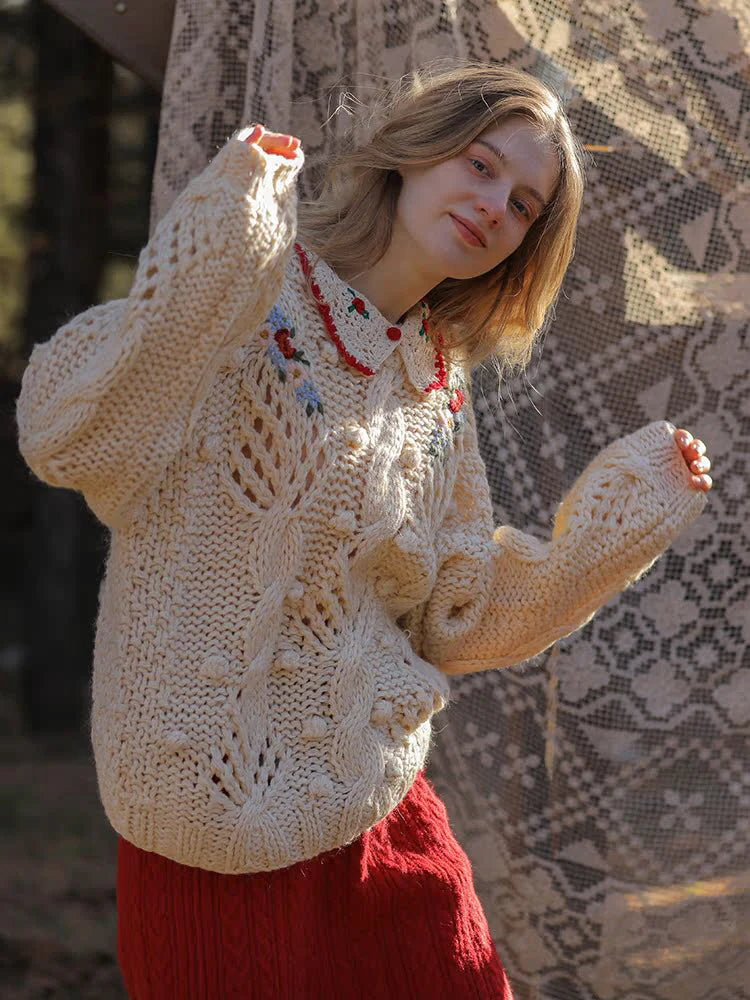 Floral Collared Cozy Knit Sweater