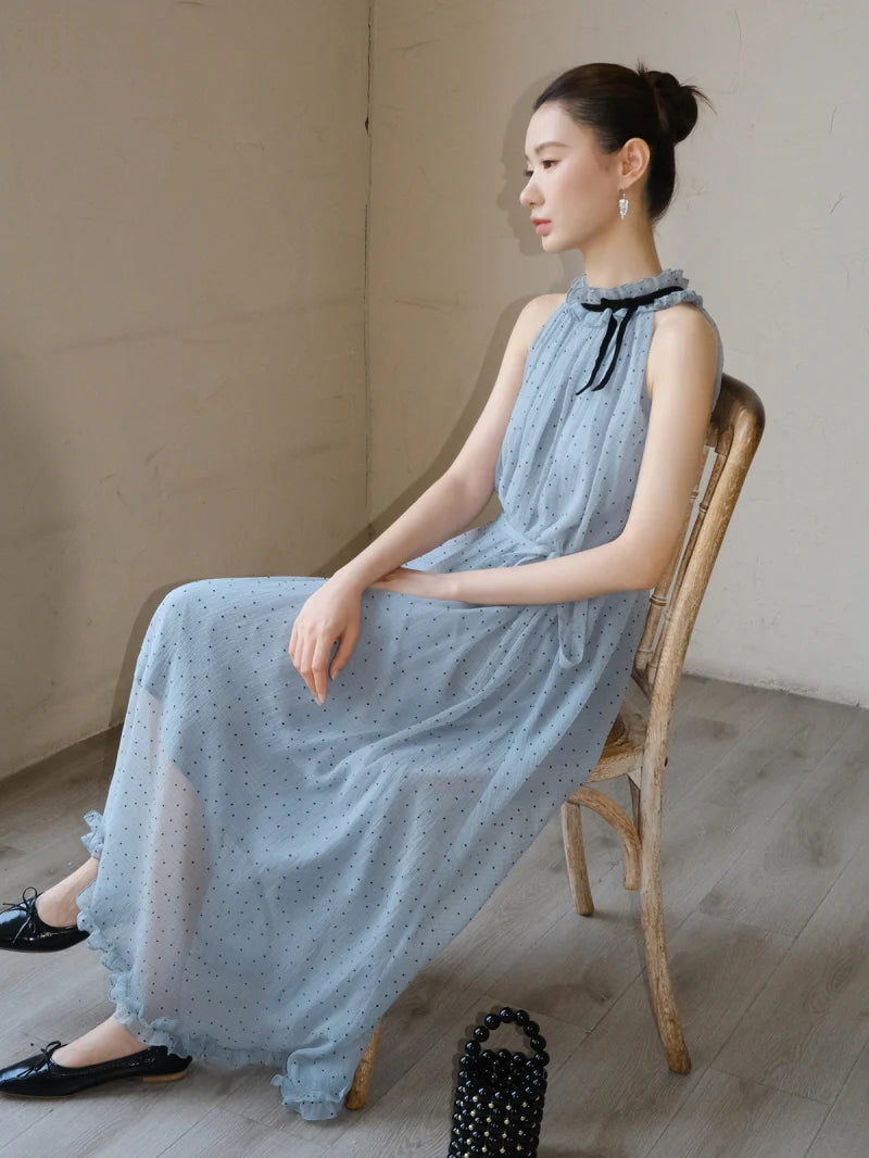 Blue Polka Dot Halter Maxi Dress