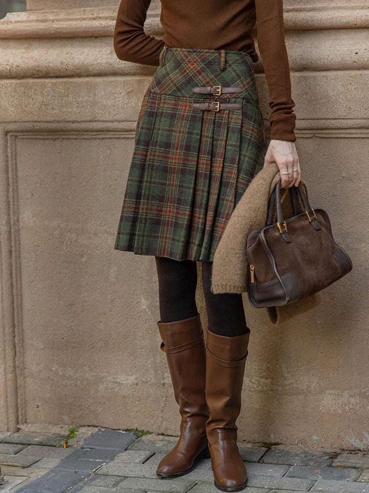 Vintage Wool Plaid Buckle Green Checkered Skirt