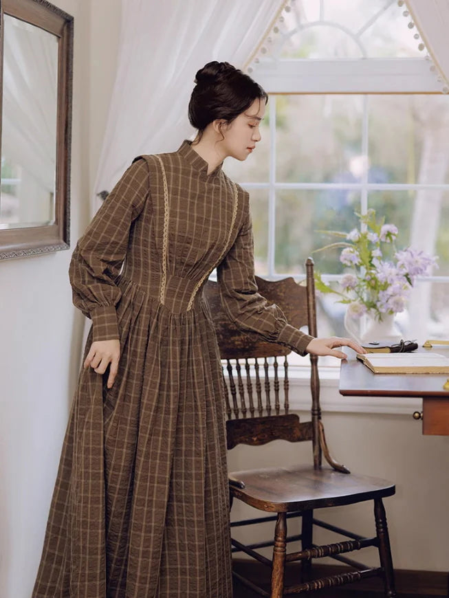 Victorian Plaid High-Neck Lace Trim Dress