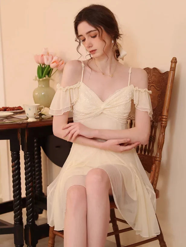 Whimsical Off-Shoulder Lace Nightgown