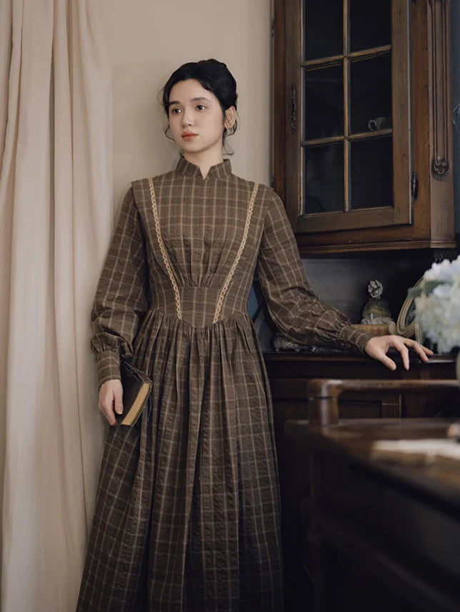Victorian Plaid High-Neck Lace Trim Dress