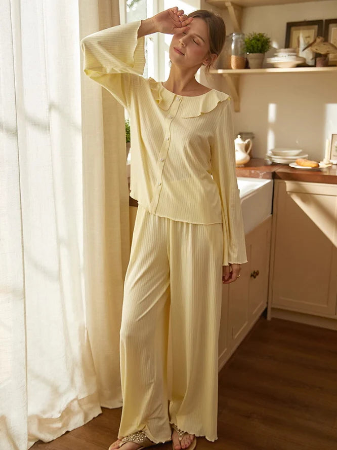 Soft Yellow Ruffled Collar Pajama Set