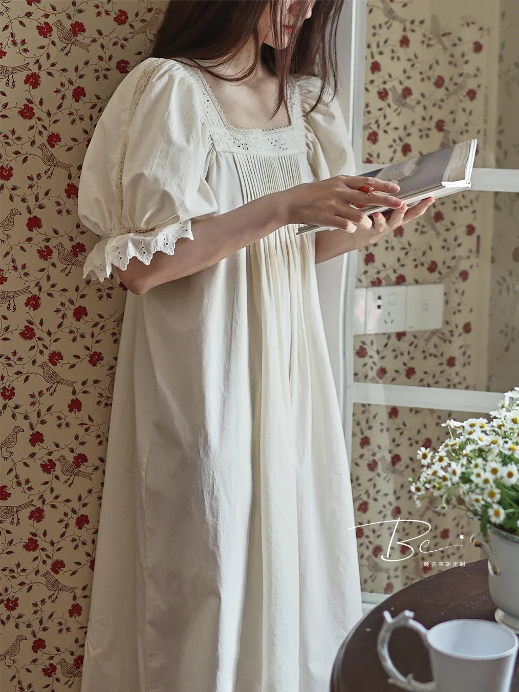 Square Neck Pintuck Cotton Nightgown