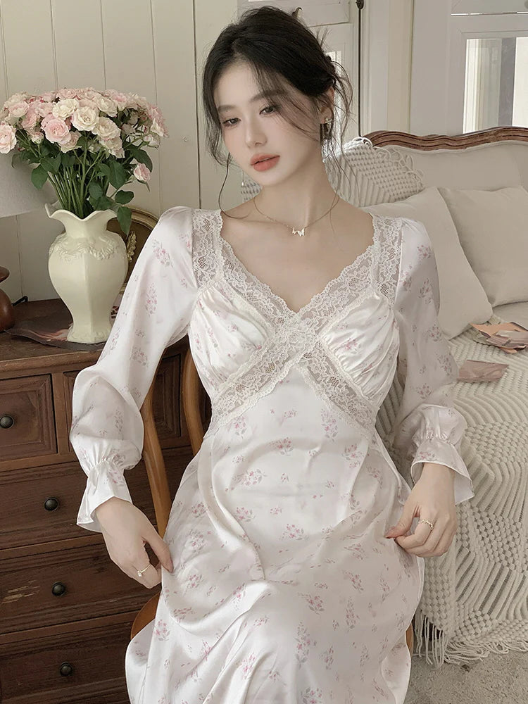Delicate Floral Lace-Trim Nightgown
