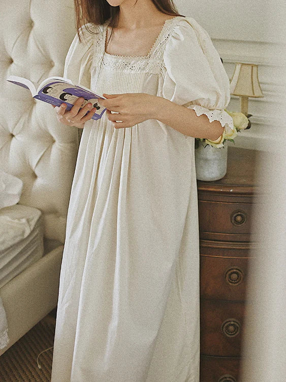 Square Neck Pintuck Cotton Nightgown