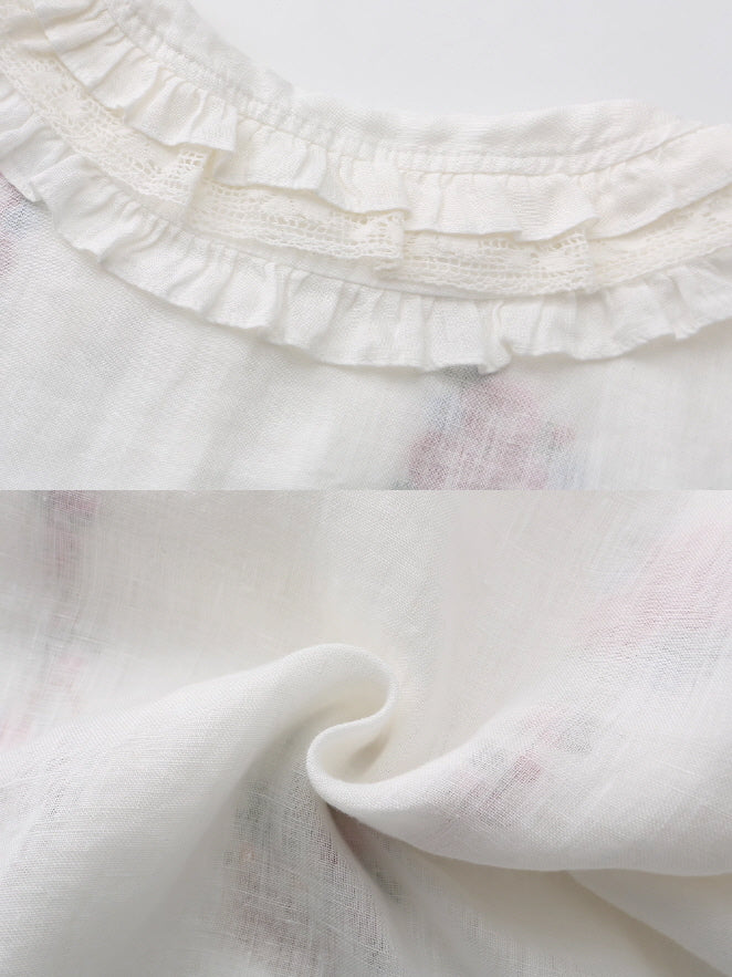 Flower Basket Embroidery Linen Blouse