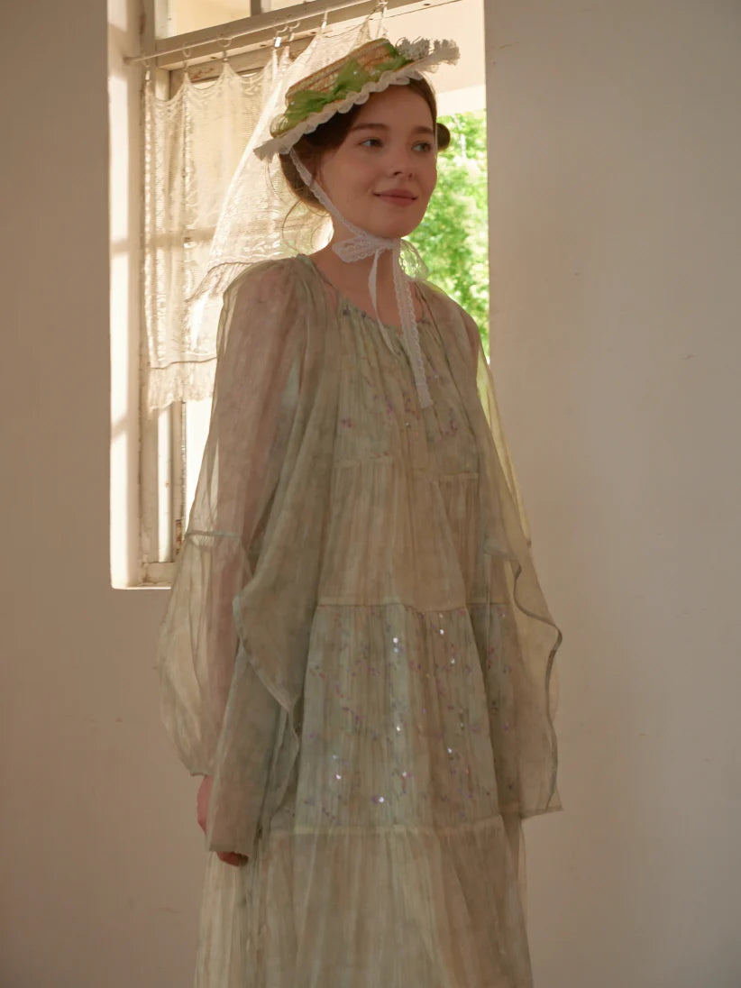 Pastel Green Floral Two-Piece Set – Sheer Cardigan & Tiered Dress