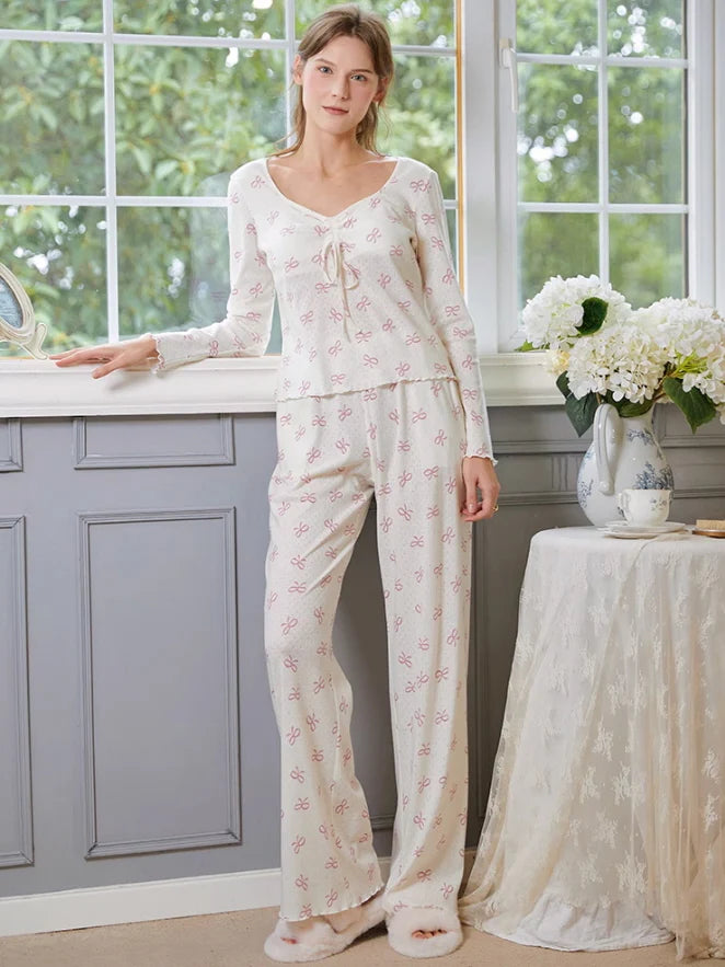 Pink Bow Knot Print Pajama Set