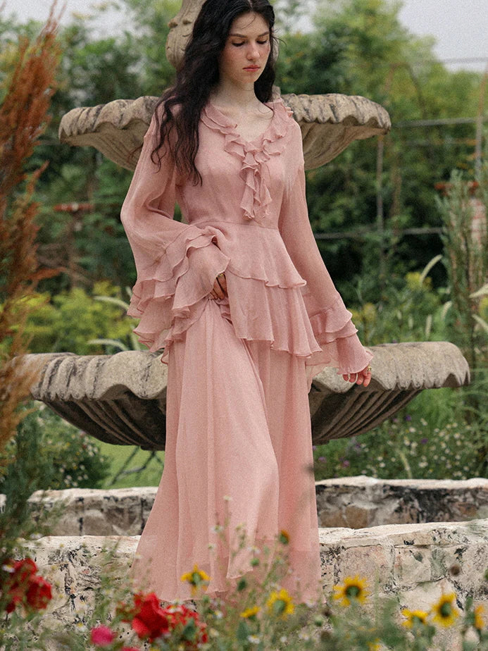 Whimsical Pink Ruffle Chiffon Blouse & Dress
