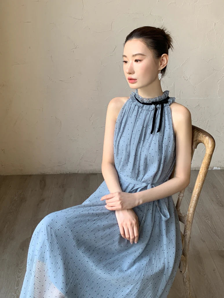 Blue Polka Dot Halter Maxi Dress
