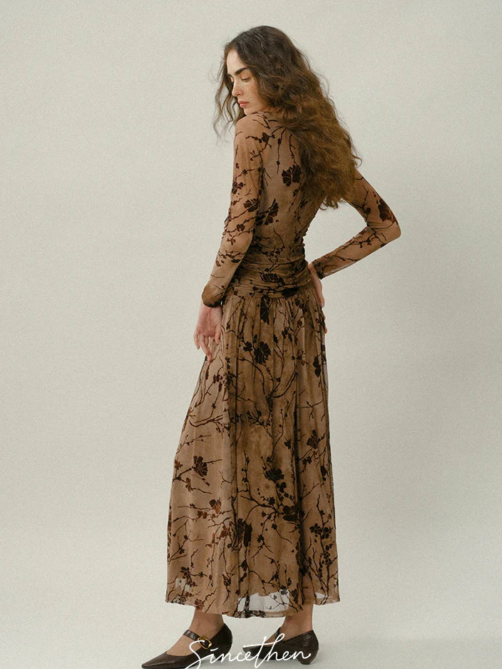 Brown Bloom Vintage Mesh Dress