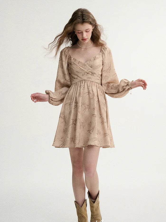 Vintage Botanical Puff-Sleeve Dress