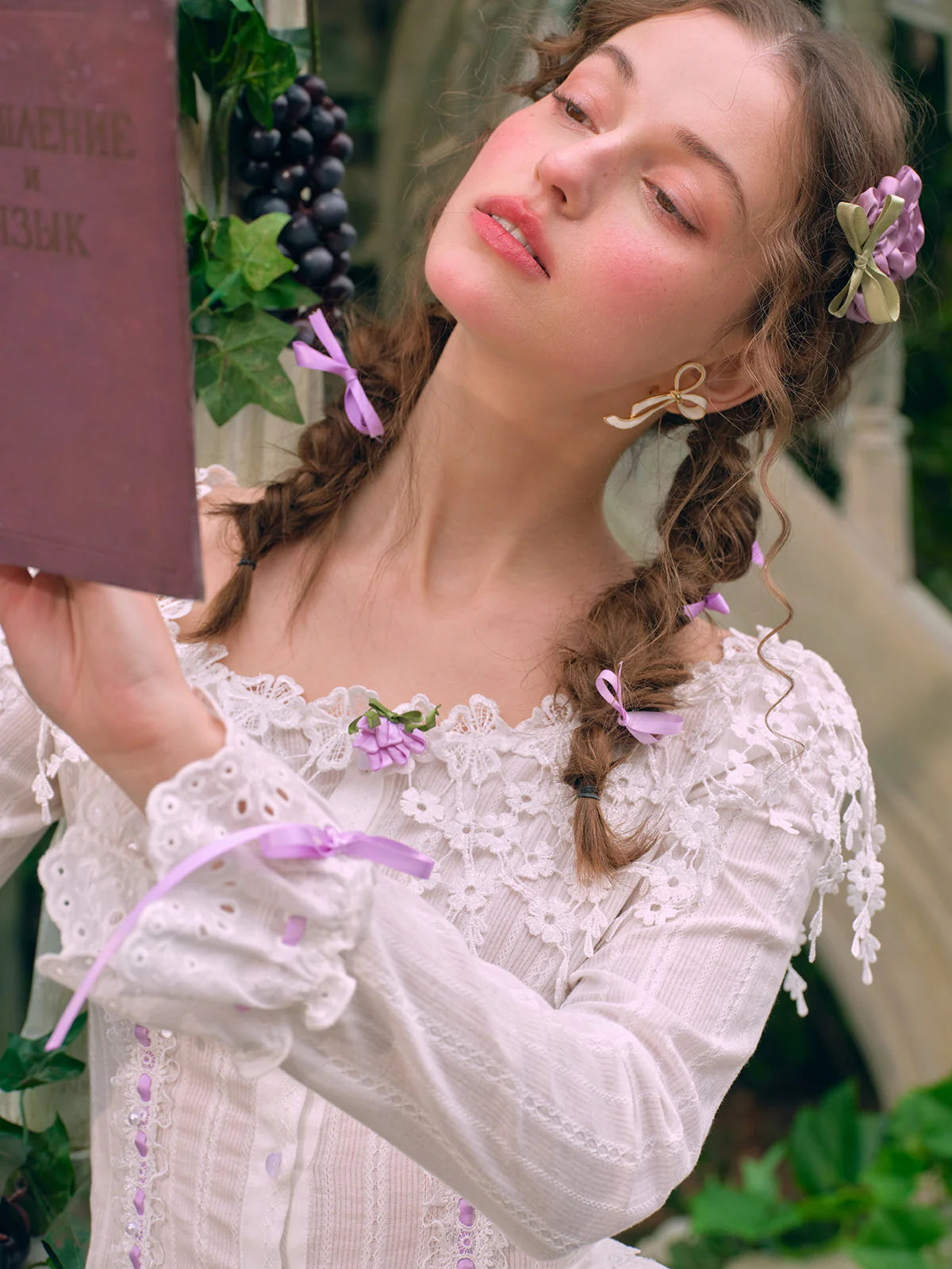 Lilac Ribbon Embroidered Lace Blouse