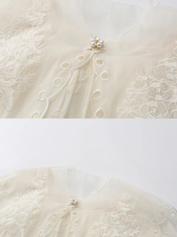 Embroidered Shawl Collar Tiered Dress