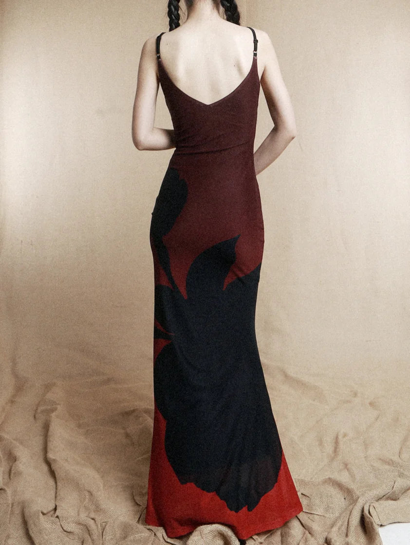 Crimson Shadow Bloom Slip Dress