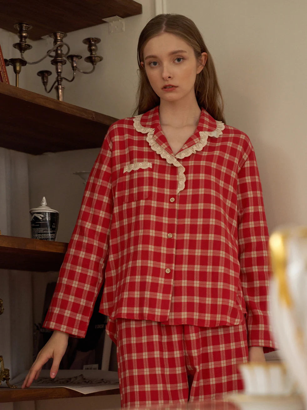 Cherrywood Check Lace Pajama Set