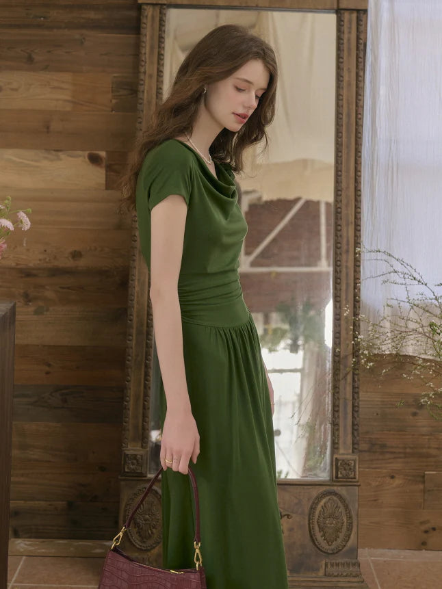 Emerald Whisper Draped Neckline Dress