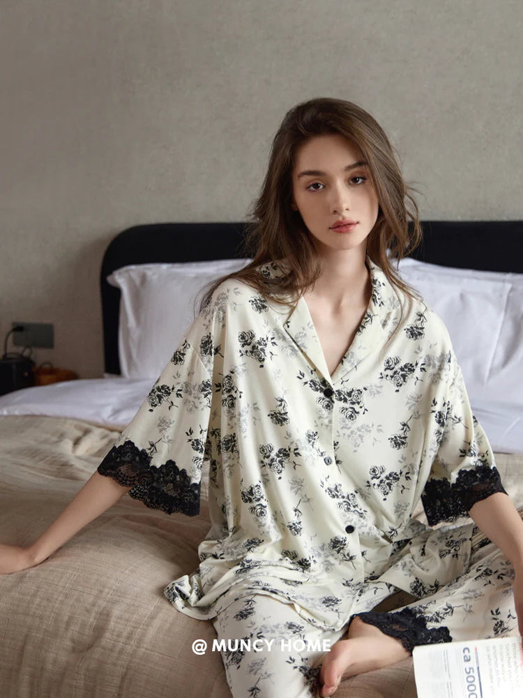 Black Rose Lace Trim Pajama Set