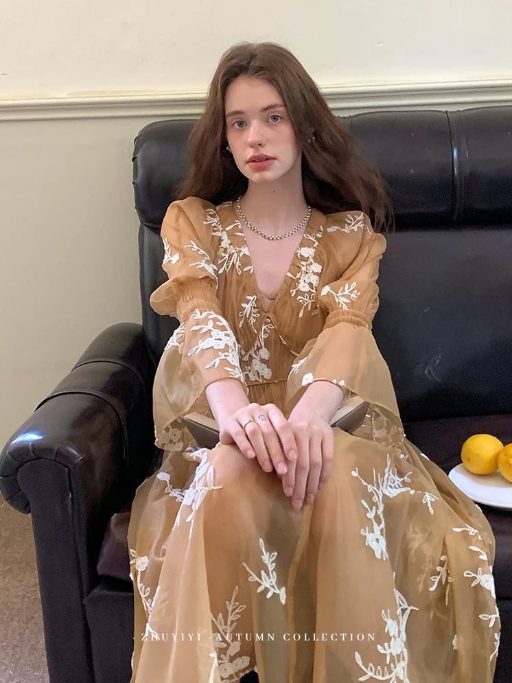 Golden Bloom Embroidered Sheer Dress