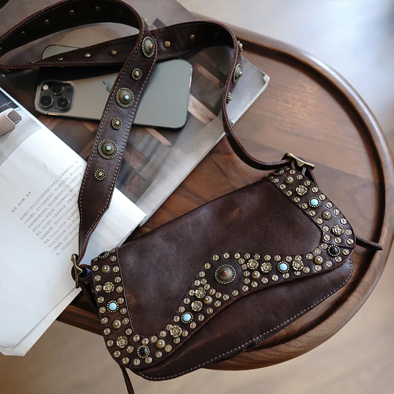 Studded Bohemian Genuine Leather Crossbody Bag