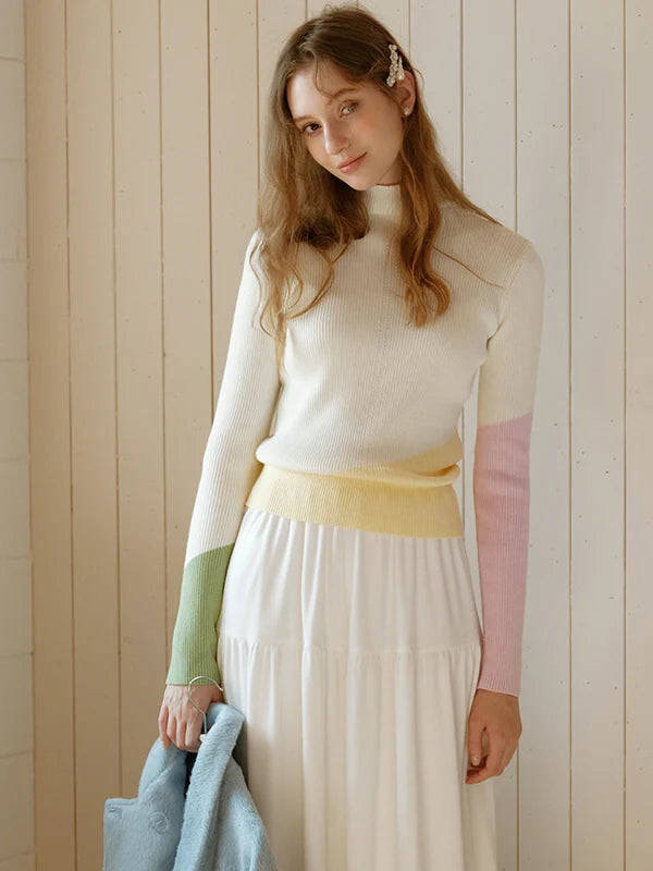 Pastel Color-Block High Neck Sweater