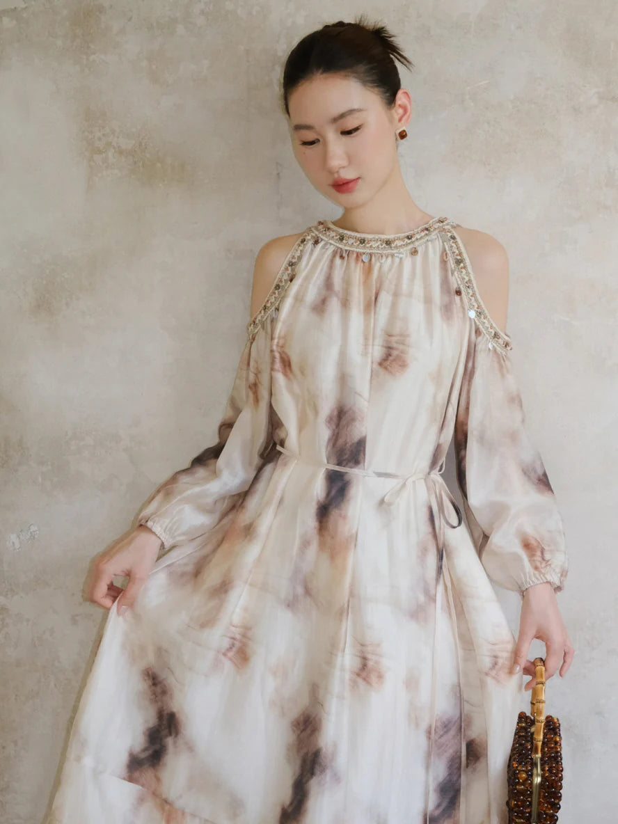 Elegant Cold-Shoulder Tie-Dye Dress