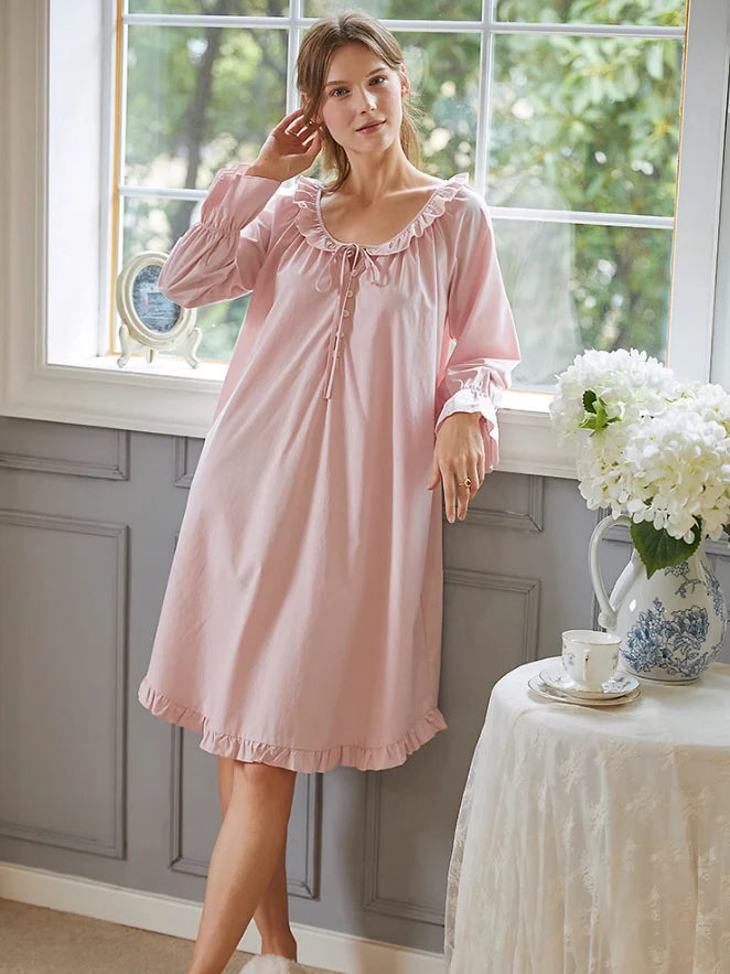Blush Pink Ruffle-Trim Modal Cotton Nightgown