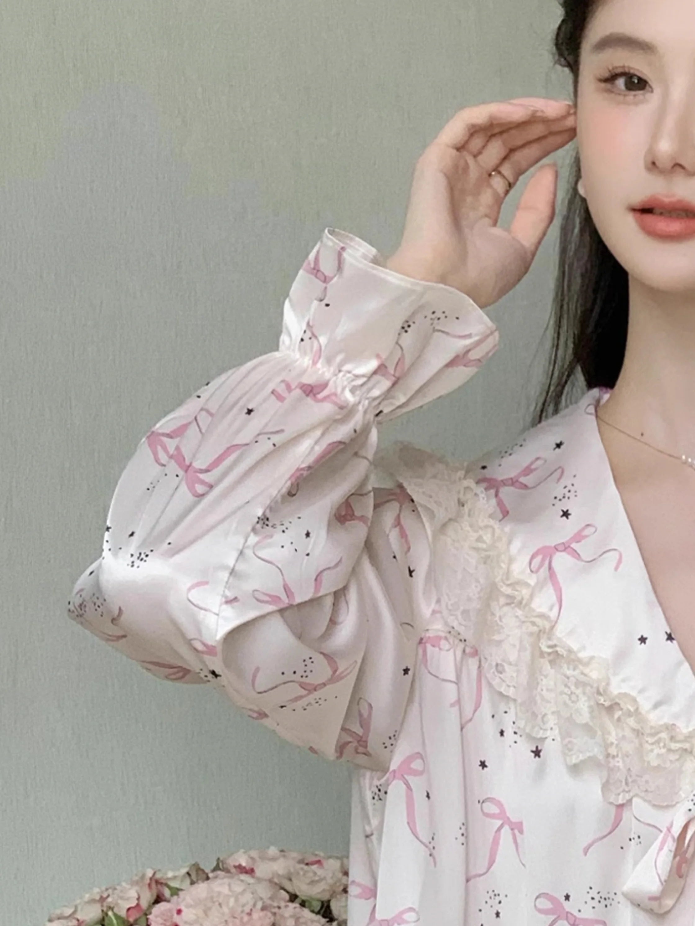 Pink Bow Charm Satin Pajama Set